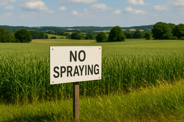 No spraying agricultural sign in a lush green field