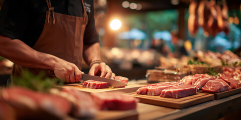 Chef preparing fresh meat cuts at a vibrant market stall