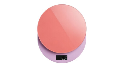 Isolated digital kitchen scale for weighing food, light pink surface, accurate measurement