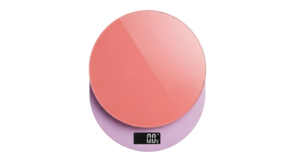 Isolated digital kitchen scale for weighing food, light pink surface, accurate measurement
