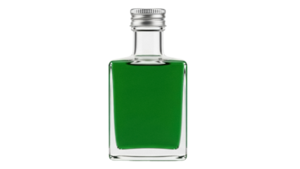 Isolated bottle of green liquid, filled with aromatic liquor or oil, with metallic cap, unlabeled