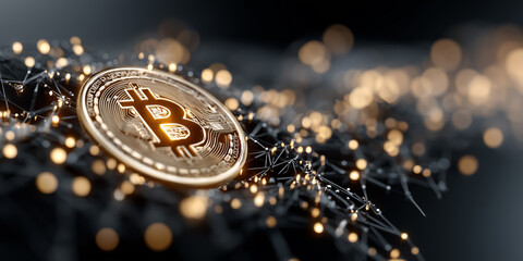 Golden bitcoin coin on a digital network background with lights