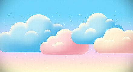 Fototapeta premium Soft pastel clouds drift across a serene gradient sky, bathed in a gentle glow with twinkling stars, creating a dreamy and whimsical atmospheric background