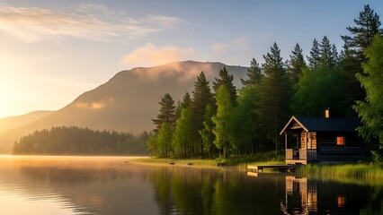 Fototapeta premium Serene Lake Cabin at Sunset with Mountains.