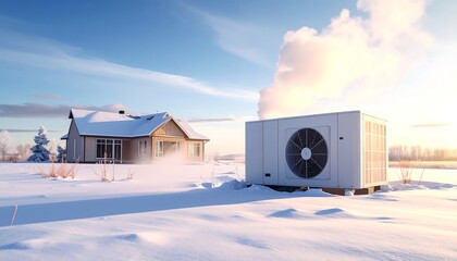 The heat pump is outdoors during the winter