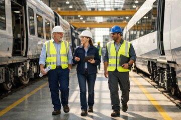 Fototapeta premium A diverse group of three professionals, including a woman, discuss train designs in a bright railway manufacturing facility.
