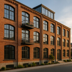 Fototapeta premium Modern brick building with large windows and balconies at sunset