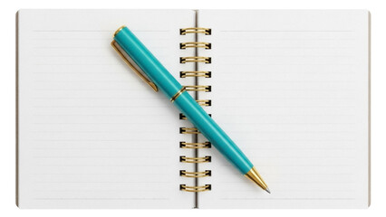 Isolated blue pen resting on lined notebook open at the center, stationery on table top