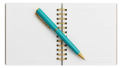 Isolated blue pen resting on lined notebook open at the center, stationery on table top