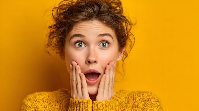 Young woman with curly hair covers her mouth in disbelief, expressing surprise and joy against vibrant yellow background. Her wide eyes and open mouth convey sense of astonishment and excitement