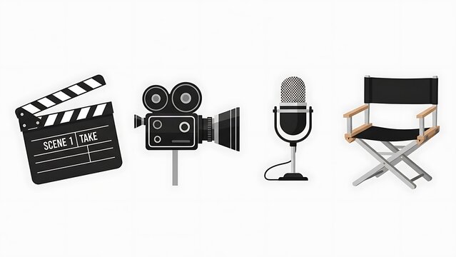 Movie Production Essentials - Clapperboard, Vintage Camera, Microphone, and Directors Chair on White Background.
