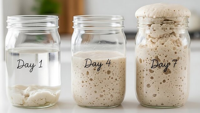 Sourdough Starter Fermentation Process in Jars.