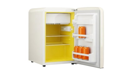 Isolated modern mini refrigerator with cans inside, open door. Kitchen and living concepts