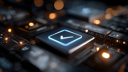 Glowing checkmark button on futuristic circuit board symbolizes approval and technology integration. illuminated interface suggests advanced workflow software