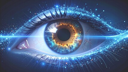 Glowing eye with light rays and particles