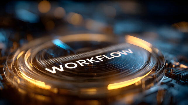 Futuristic glowing holographic stamp with word Workflow in digital setting, featuring circular design and vibrant lighting effects - Powered by Adobe