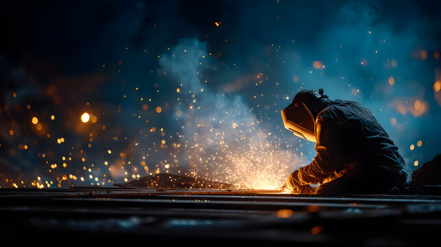 Worker welds at night, surrounded by bright sparks and smoky atmosphere, creating dramatic and intense scene. silhouette of welder is highlighted against glowing background