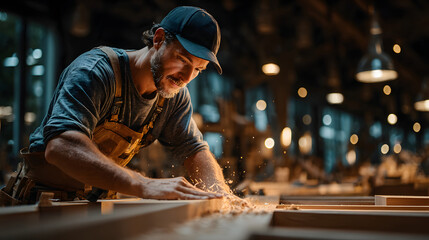 Focused woodworker in workshop sands wooden bed frame, creating shower of sparks. warm lighting and rustic setting enhance craftsmanship and dedication