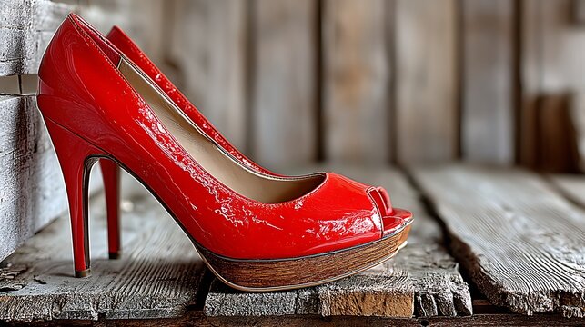 Radiant red peep toe platform heels on aged wooden surface showcase stylish elegance
