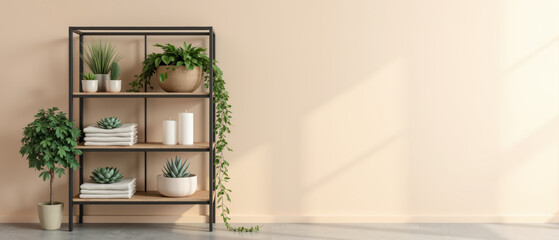 Fototapeta premium Stylish shelving unit displays plants, towels, and candles against soft peach wall, creating serene and inviting atmosphere