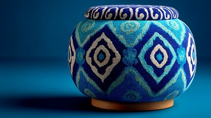 Round upholstered storage ottoman with removable lid and bold blue geometric pattern design