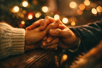Closeup of couple holding hands with festive bokeh lights, warm romantic support and togetherness concept.