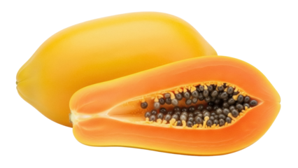 Isolated fresh ripe papaya fruit, one whole and one halved, with black seeds inside