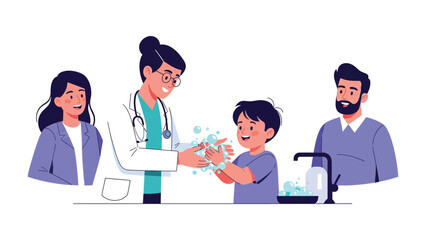 Fototapeta premium Health and Hygiene: A doctor assists a child in handwashing to maintain cleanliness, with the child's parents in the backdrop, fostering hygiene and health.