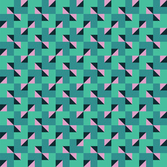 Pattern created from teal green and green squares and pink and charcoal triangles