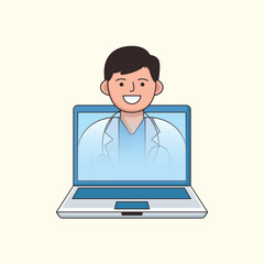 Online doctor consultation concept via laptop screen vector illustration