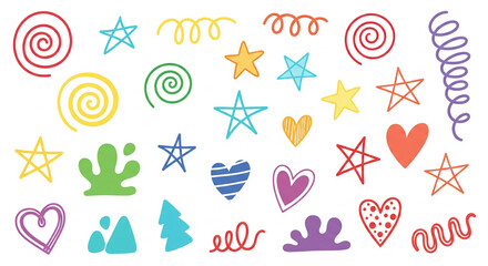 Fototapeta premium Vibrant collection of hand-drawn doodle elements. Features colorful stars, hearts, spirals, and abstract shapes. Ideal for playful designs and creative artistic projects