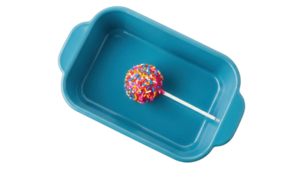 Isolated cake pop decorated with sprinkles in turquoise container for birthday party treat