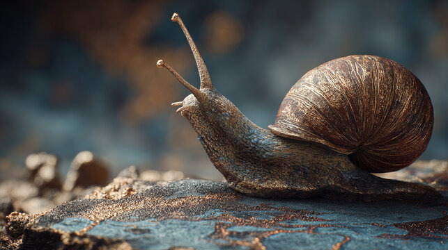 A close-up photograph of a snail traversing a textured surface, showcasing its detailed shell and slime trail. The shot evokes a sense of patient exploration and the beauty of small creatures