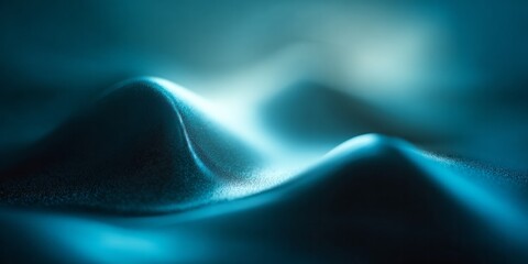 Abstract surface undulations glow with deep cyan illumination in a dark environment
