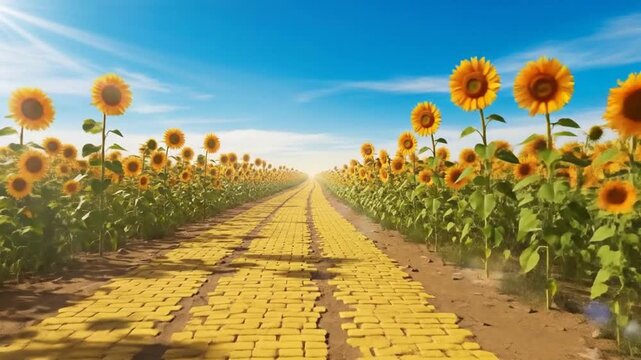 Yellow brick path lined with bright sunflowers leading to horizon.