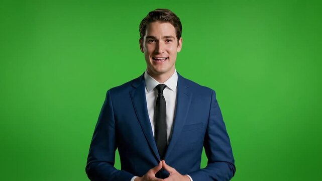 Smiling man in suit against a green screen backdrop, looking at the camera