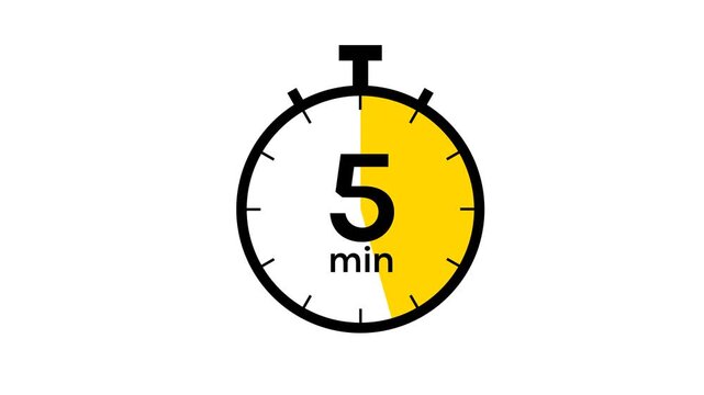 Animation of timer clock icon with 10 minute with wipe circle yellow. Stopwatch icon in flat style 10 to 0 minute isolated on white background.