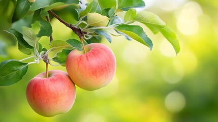 Two Ripe Apples Hanging from a Tree Branch in Sunlight