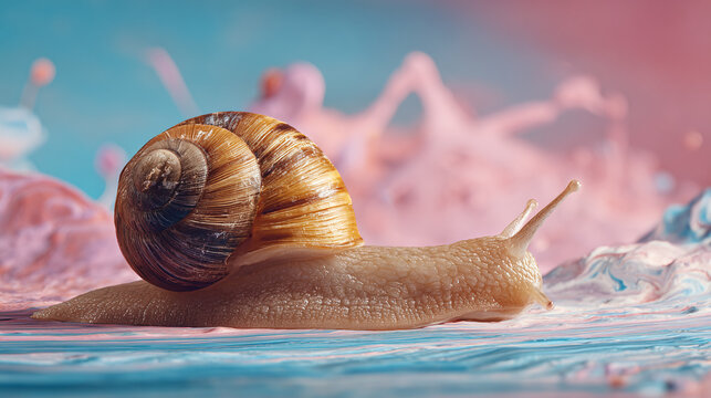 A snail gracefully gliding across a textured, abstract surface. The shell of the snail is a warm brown hue with a spiral pattern, and the body contrasts in a lighter tone