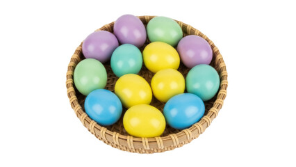Isolated wicker basket of Easter eggs in pastel colors for a cute spring holiday decor idea