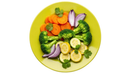 Isolated fresh mixed vegetables on yellow plate, healthy eating, close-up view, diet