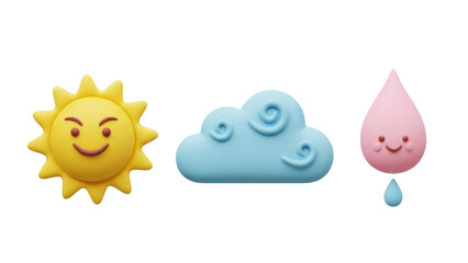 Isolated Sun cloud and raindrop characters weather design, cartoon style elements clipart