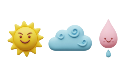 Isolated Sun cloud and raindrop characters weather design, cartoon style elements clipart