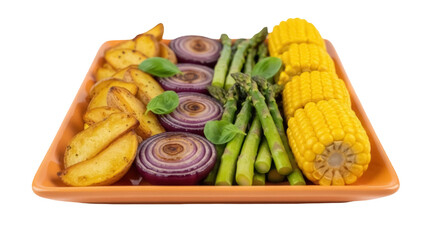 Isolated plate of fried potatoes, onions, asparagus, and corn on the cob for tasty meal