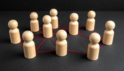 Obraz premium Wooden peg people connected by red strings representing social networking team collaboration and professional community links