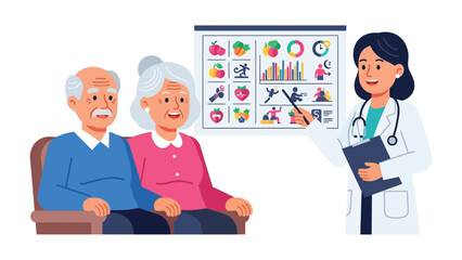 Healthcare Consultation: A medical professional engages in a detailed discussion with a senior couple, presenting educational diagrams about health and wellbeing, fostering informed decision-making.