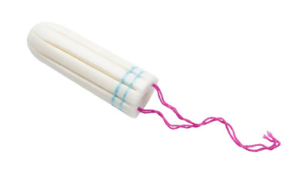 Isolated tampon product for menstrual hygiene and feminine care with pink string, no background