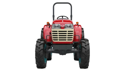 Isolated red tractor, front view, agriculture equipment, farming vehicle for field work