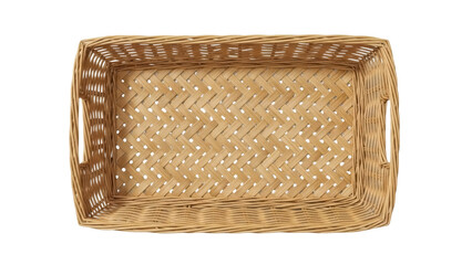 Isolated rectangular woven basket container made of natural material with handles on ends