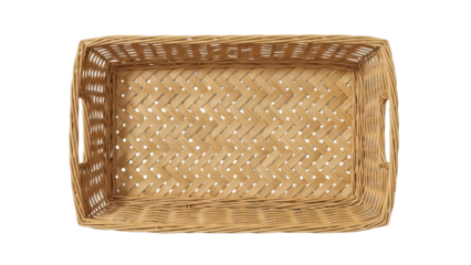 Isolated rectangular woven basket container made of natural material with handles on ends